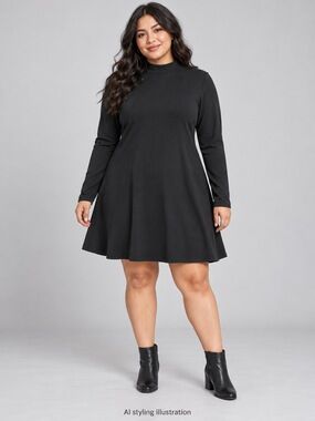 Cider Black Ribbed Mock Neck Long Sleeve A Line Dress 0XL